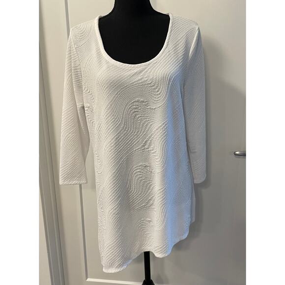 JM Collection women's white blouse textured shark bite hem Large L/S slit side - Picture 1 of 16